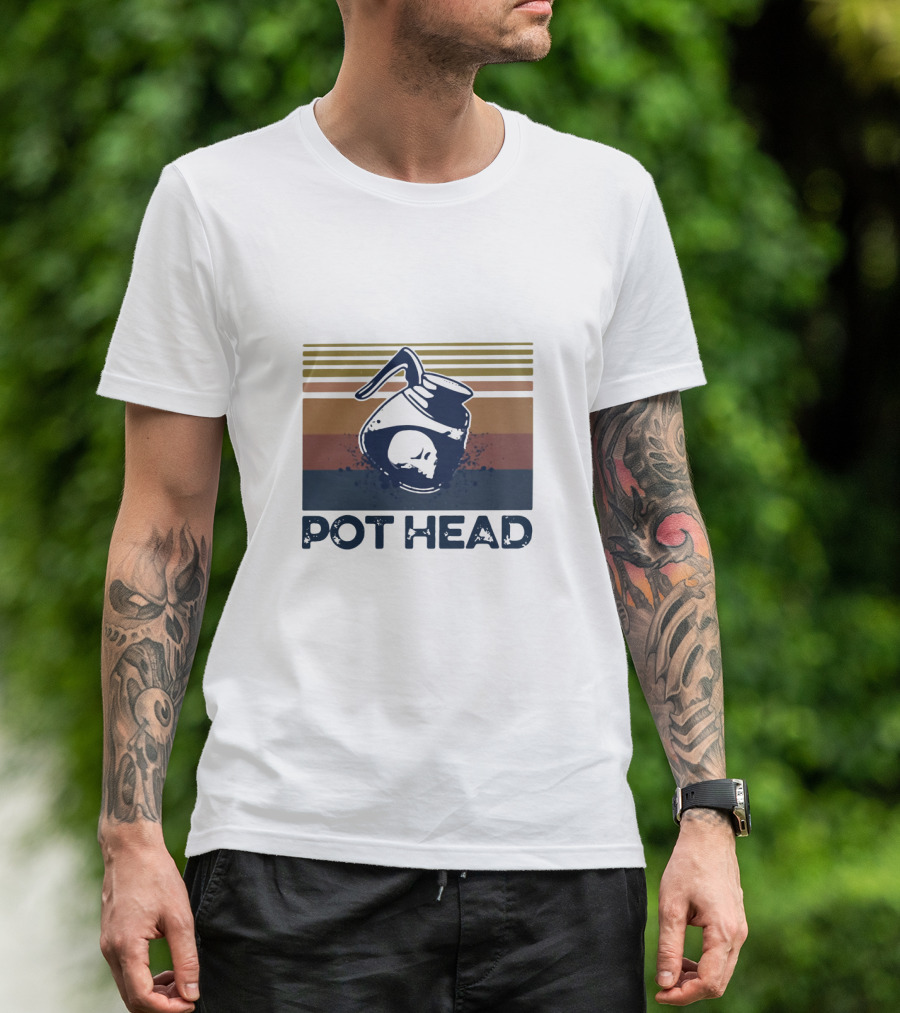 Pot Head Skull Coffee Pot Vintage Stripes T-Shirt