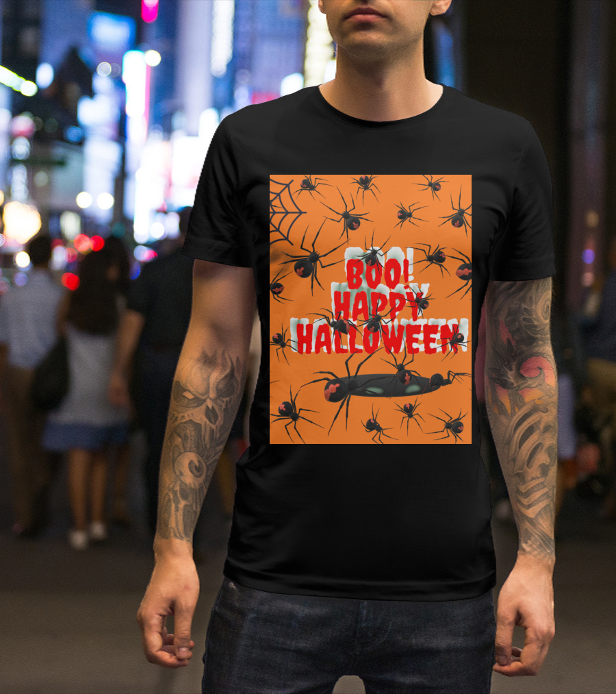 BOO Happy Halloween Spiders Orange Web T-Shirt