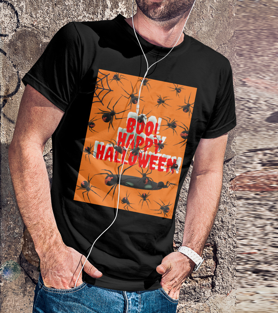 BOO Happy Halloween Spiders Orange Web T-Shirt