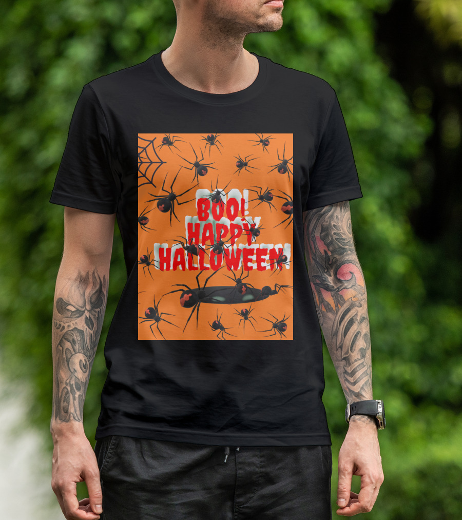 BOO Happy Halloween Spiders Orange Web T-Shirt