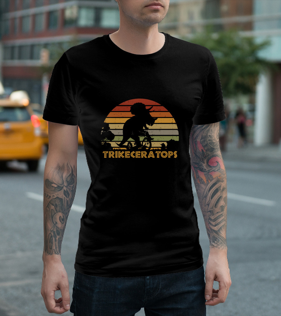 Trikeceratops Dinosaur Cycling Sunset T-Shirt