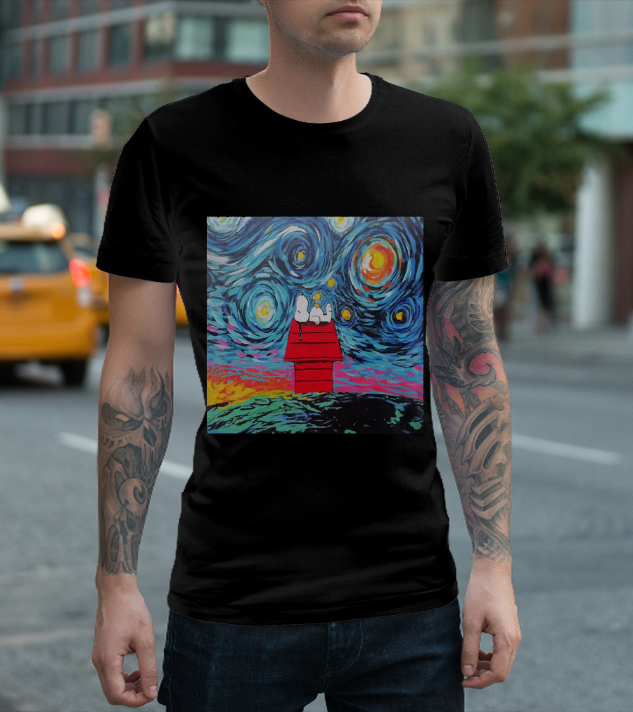 Snoopy and Woodstock on the Doghouse Under a Starry Night T-Shirt
