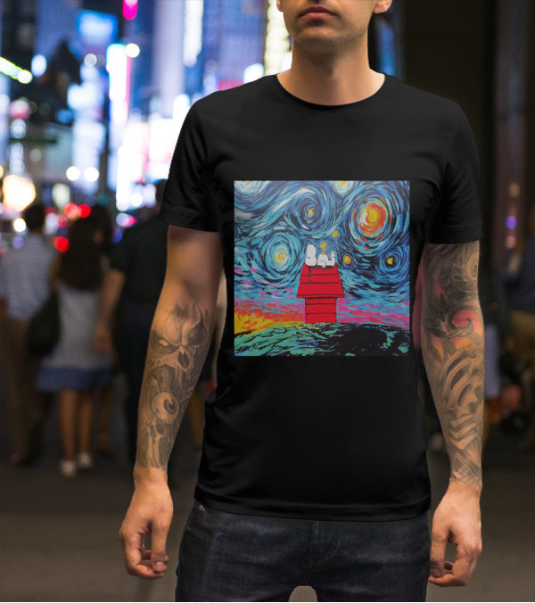 Snoopy And Woodstock On The Doghouse Under A Starry Night T-Shirt