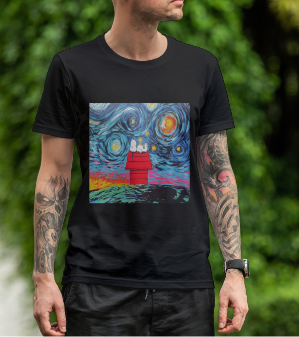 Snoopy And Woodstock On The Doghouse Under A Starry Night T-Shirt