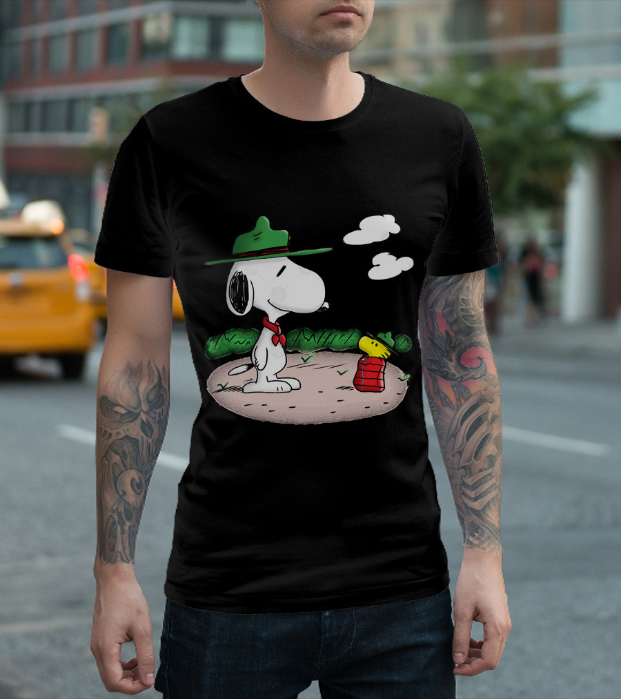 Snoopy Woodstock Camping Adventure with Green Hats and Red Scarf T-Shirt