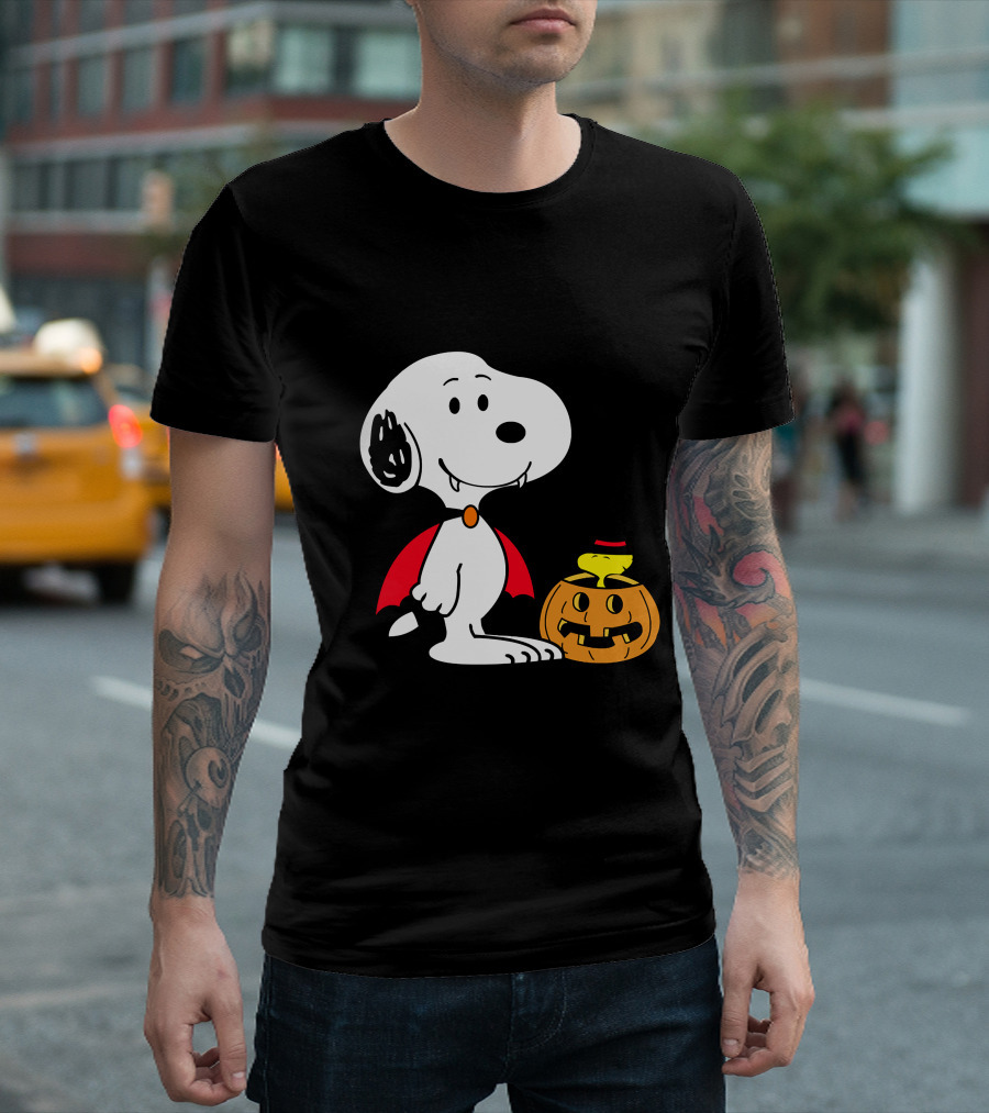 Snoopy Halloween Vampire with Woodstock in Pumpkin Hat T-Shirt