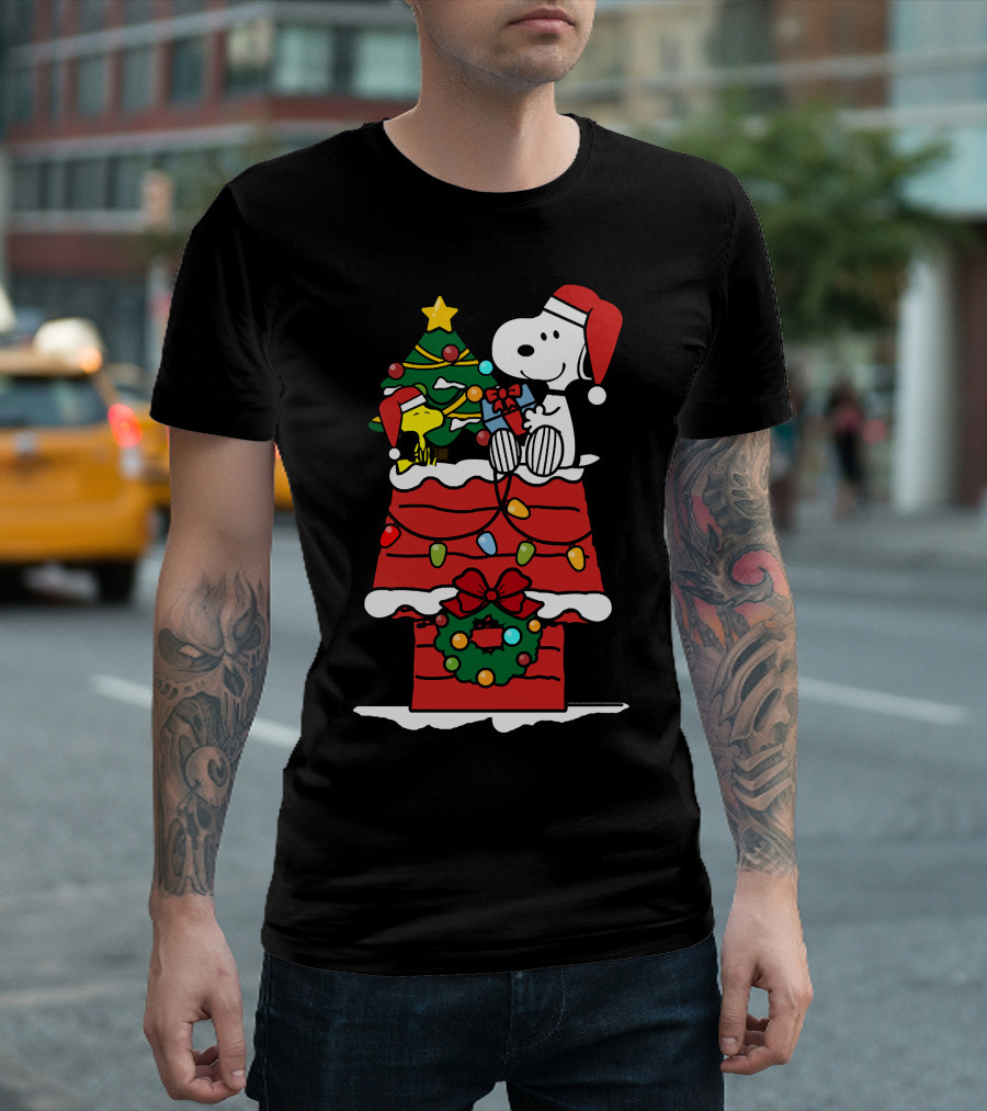 Snoopy and Woodstock Celebrate Christmas on Doghouse with Santa Hats and Tree T-Shirt