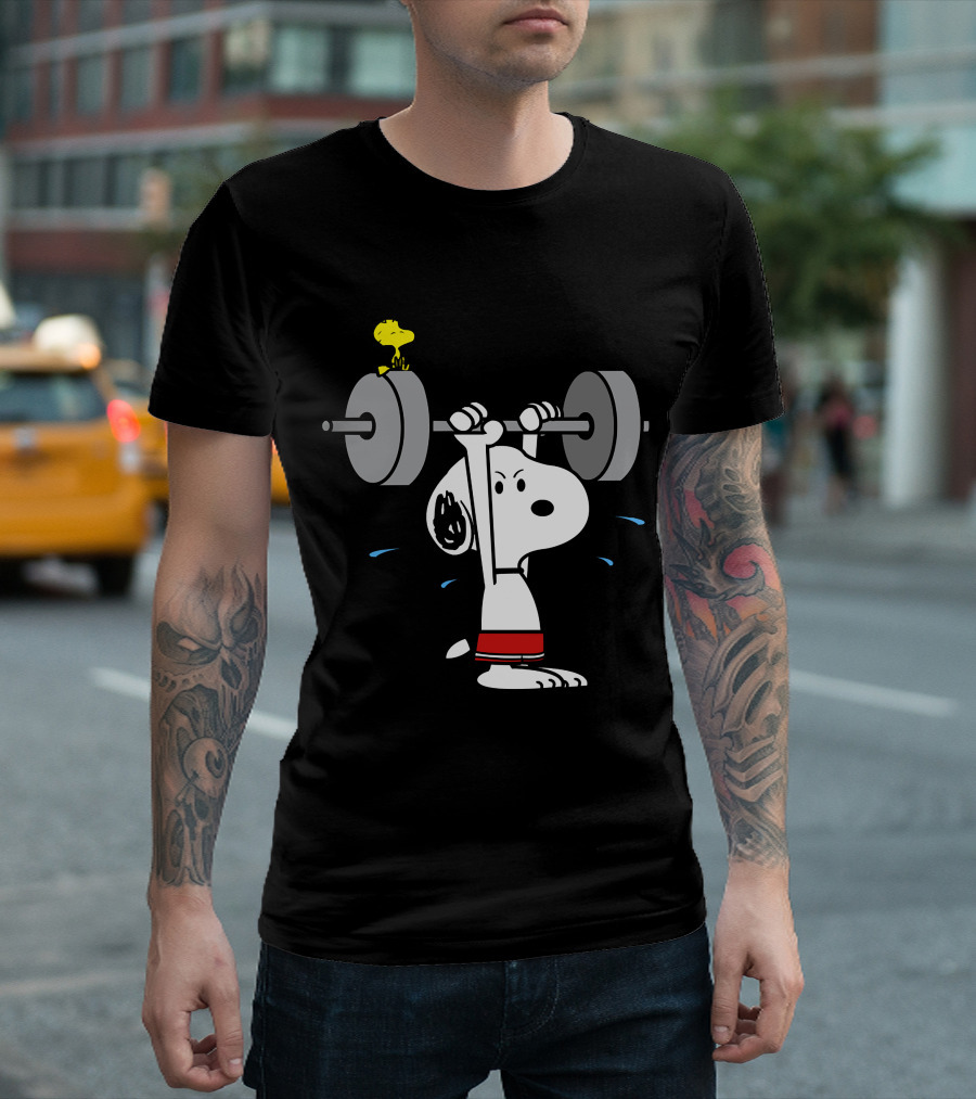Snoopy Weightlifting with Woodstock on Barbell T-Shirt