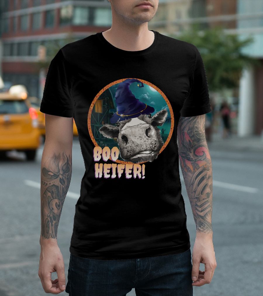 Boo Heifer Funny Halloween Cow Witch Farmer Lady With Hat And Farm Background T-Shirt