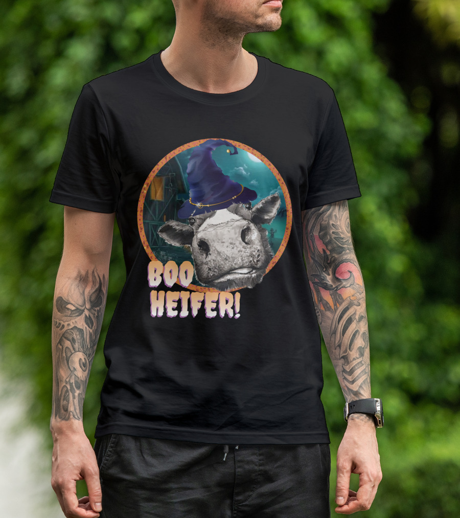 Boo Heifer Funny Halloween Cow Witch Farmer Lady With Hat And Farm Background T-Shirt