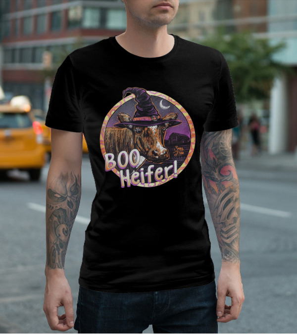 Boo Heifer Funny Halloween Witch Cow With Moon And Barn Scene T-Shirt