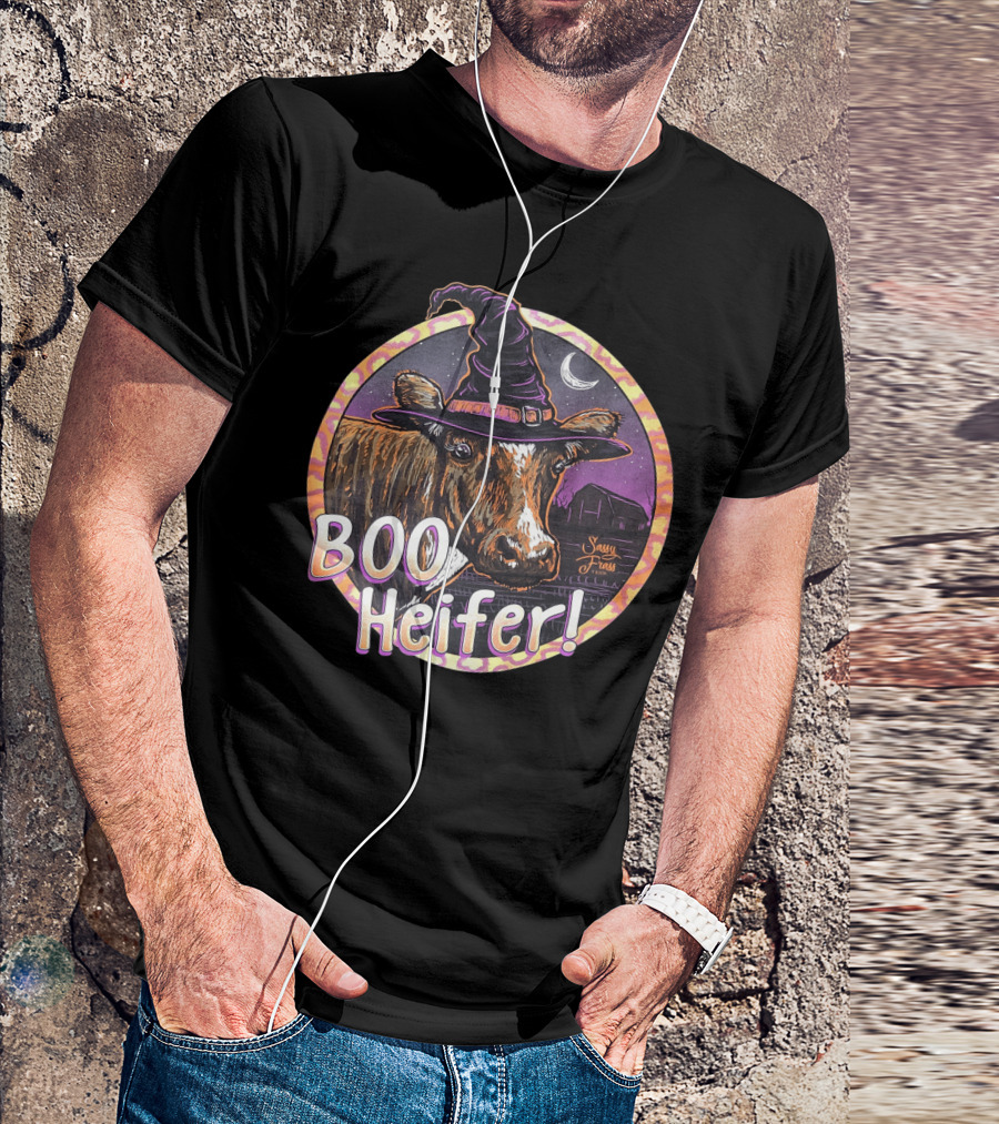 Boo Heifer Funny Halloween Witch Cow With Moon And Barn Scene T-Shirt