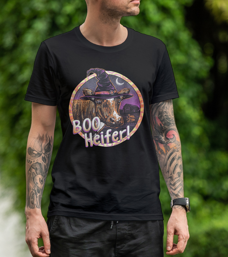 Boo Heifer Funny Halloween Witch Cow With Moon And Barn Scene T-Shirt