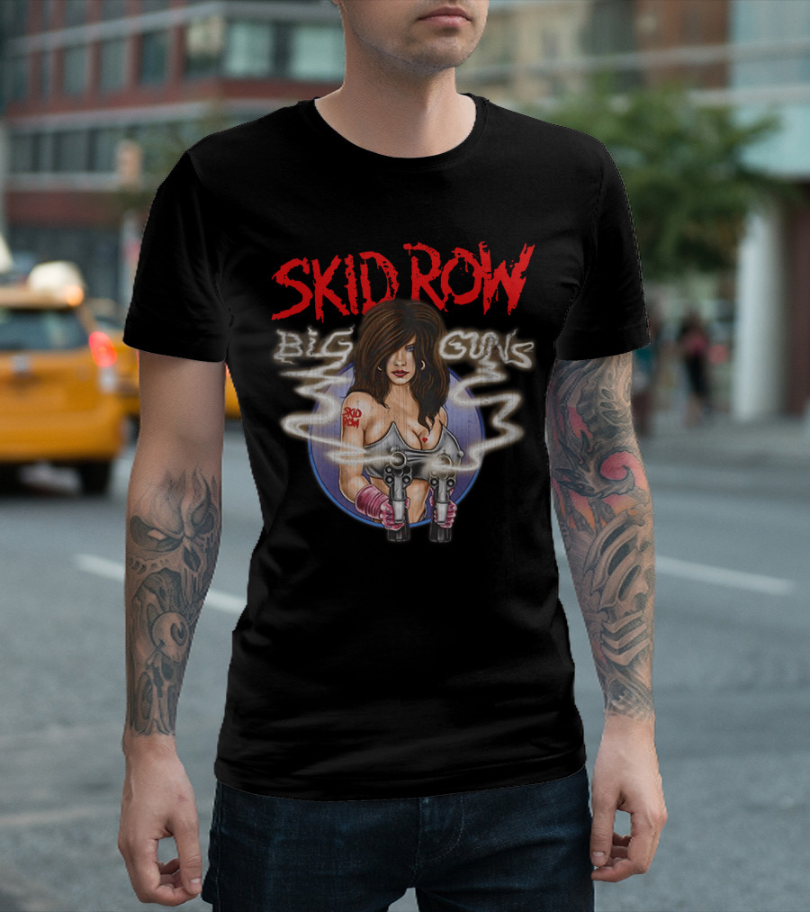 Skid Row Big Guns Heavy Metal Fan Art with Smoking Pistols Motif T-Shirt