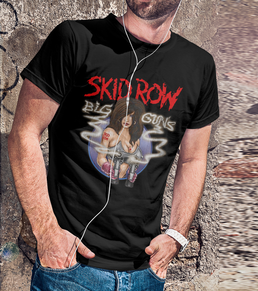 Skid Row Big Guns Heavy Metal Fan Art With Smoking Pistols Motif T-Shirt