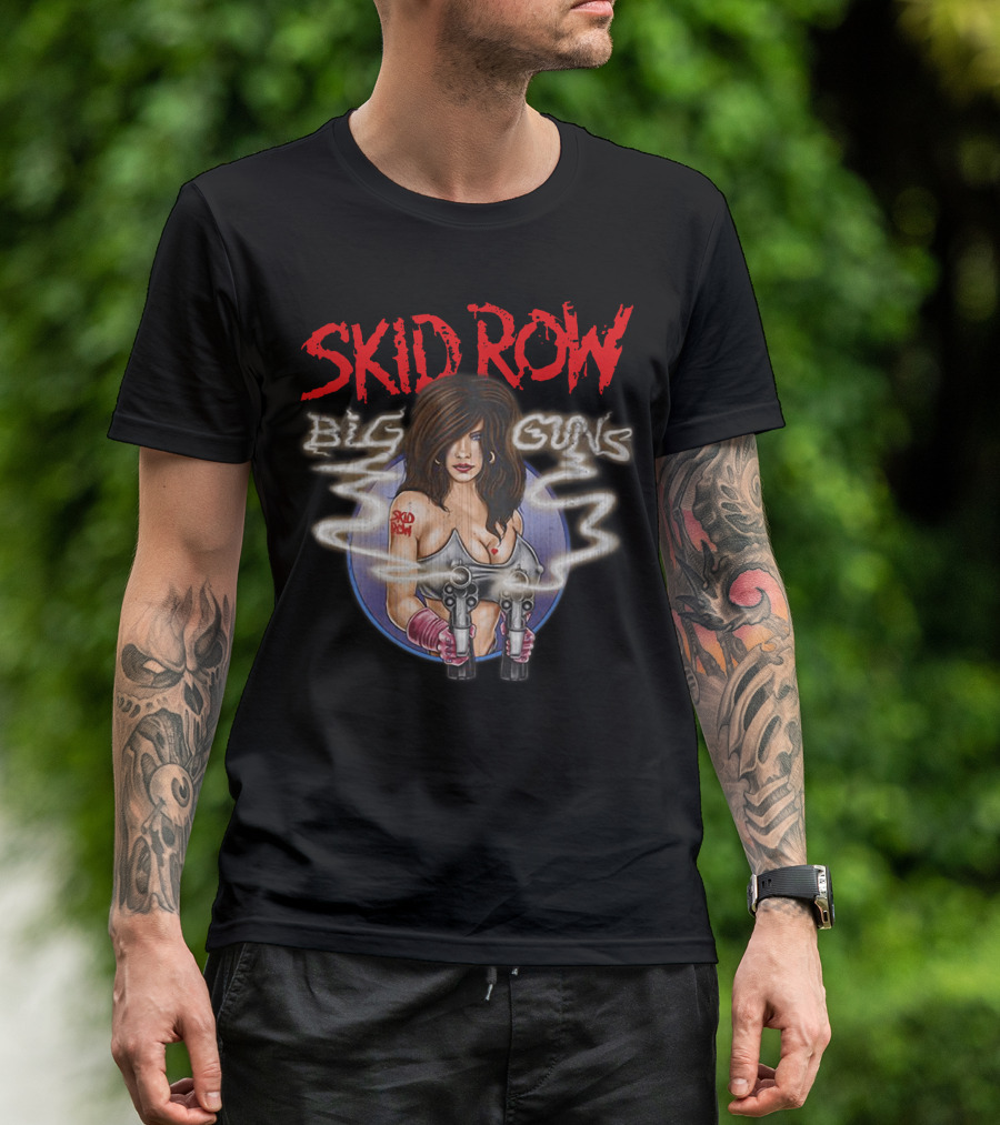 Skid Row Big Guns Heavy Metal Fan Art With Smoking Pistols Motif T-Shirt