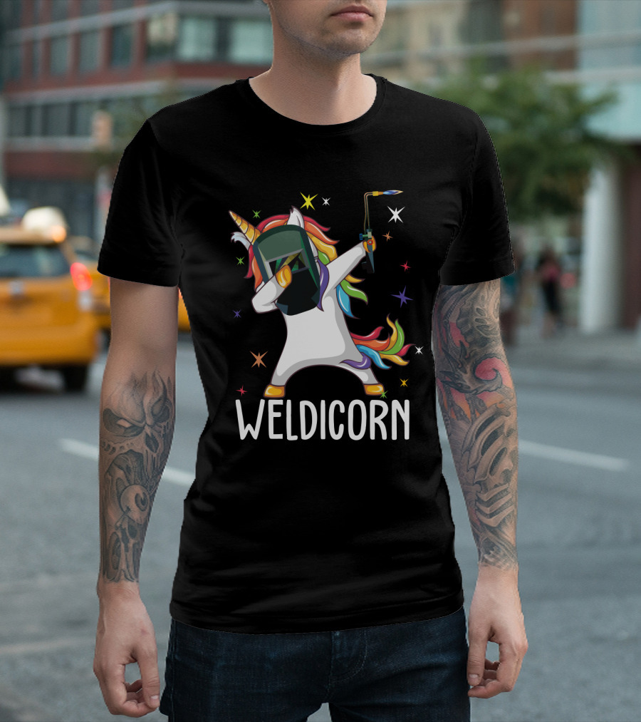 Weldicorn Funny Welder Unicorn Dabbing With Rainbow Mane And Welding Torch T-Shirt