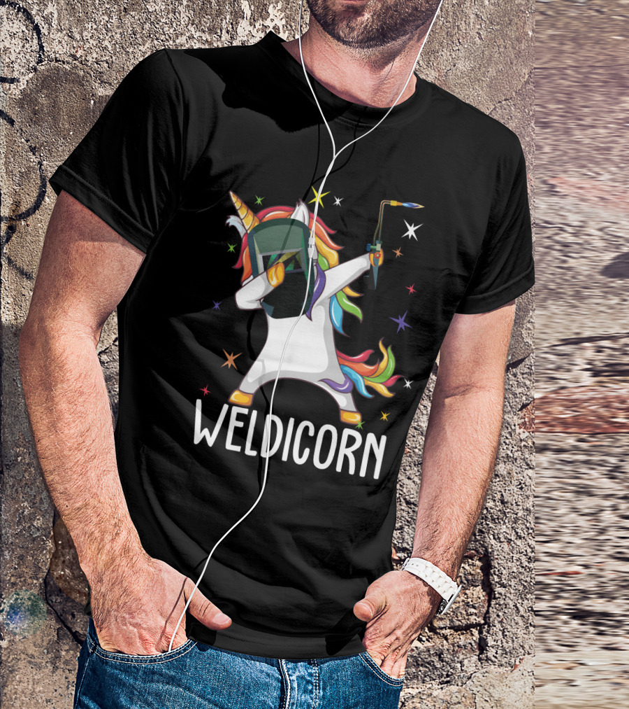 Weldicorn Funny Welder Unicorn Dabbing With Rainbow Mane And Welding Torch T-Shirt