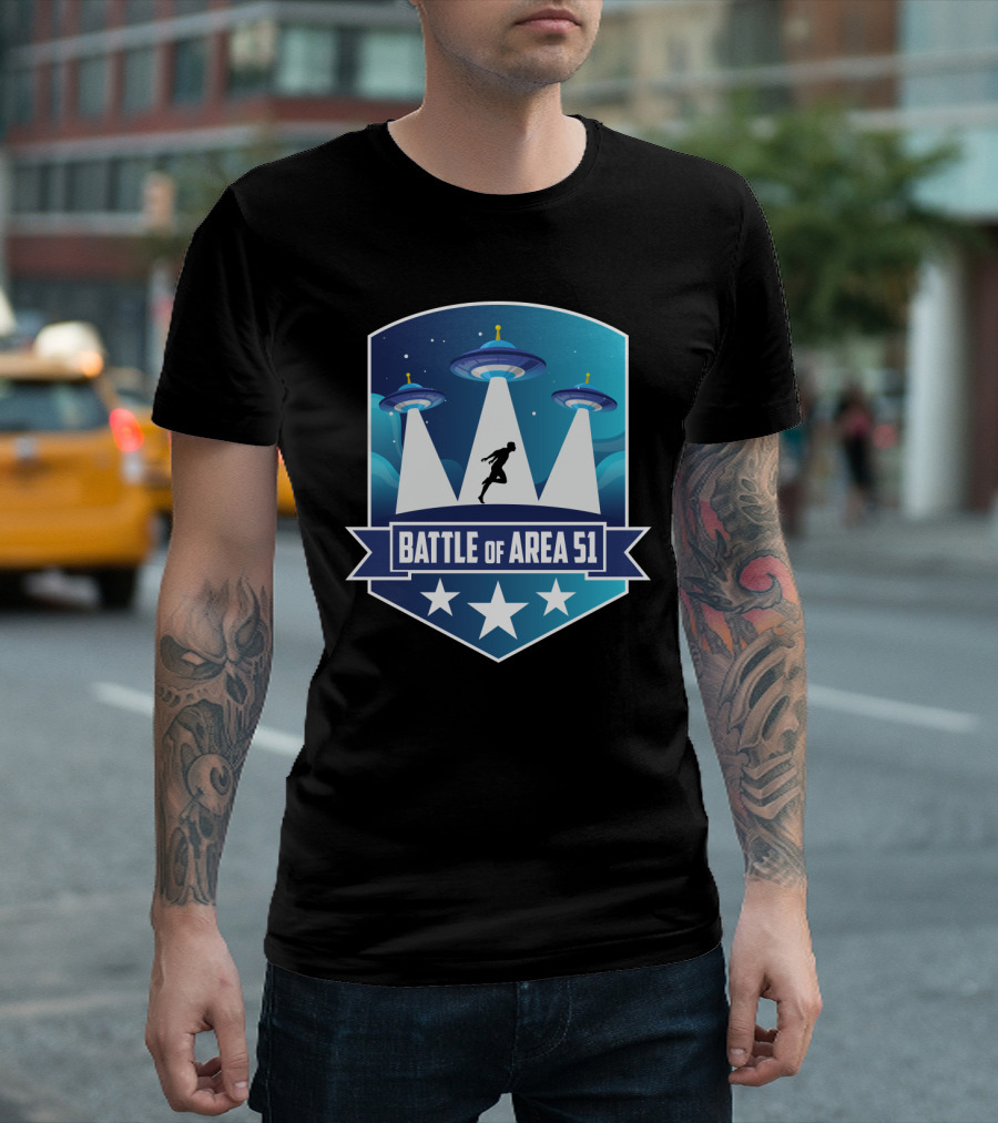 Battle Of Area 51 UFOs Funny Ninja Running Under Spaceship Lights T-Shirt