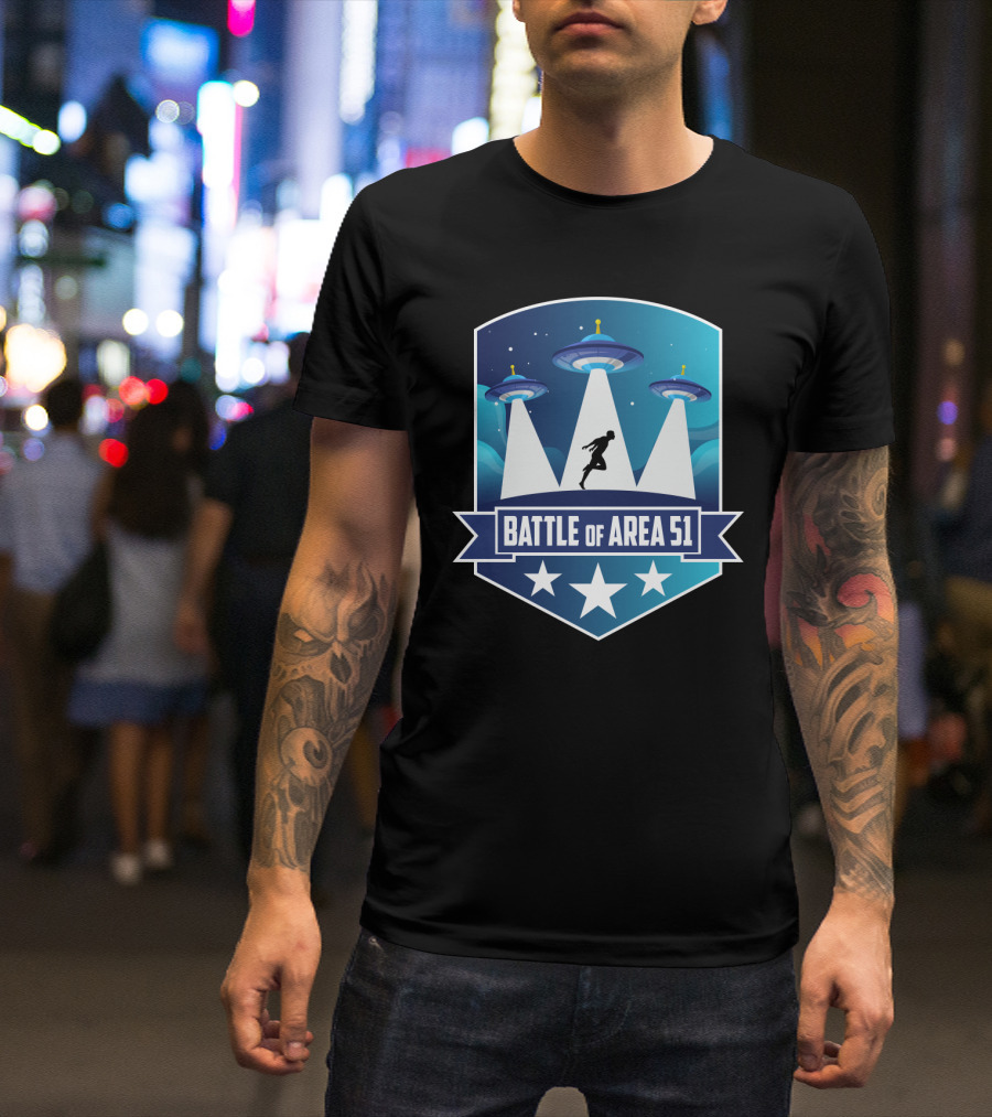 Battle Of Area 51 UFOs Funny Ninja Running Under Spaceship Lights T-Shirt