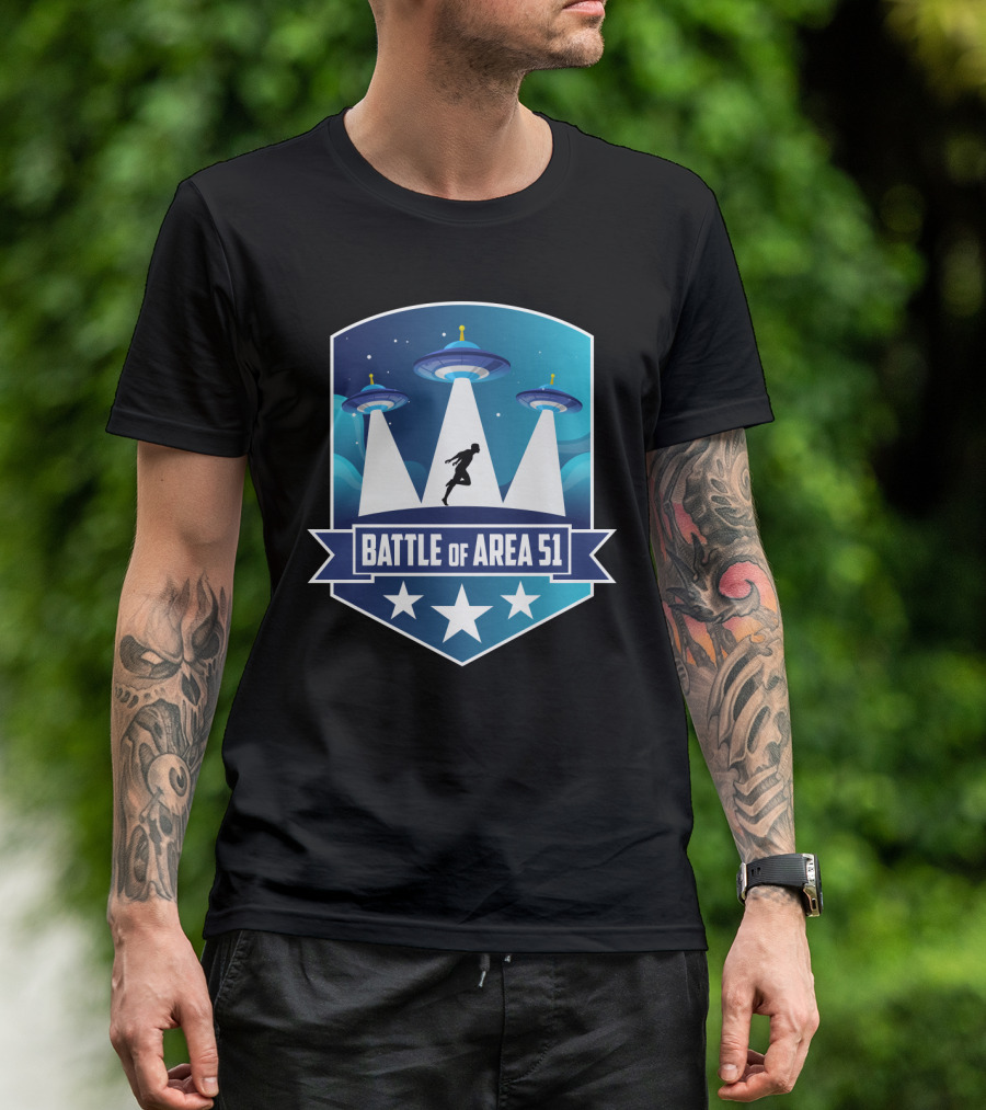 Battle Of Area 51 UFOs Funny Ninja Running Under Spaceship Lights T-Shirt