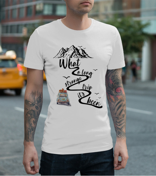 What A Long Strange Trip It's Been Grateful Dead Fans Vintage Car And Mountain Adventure T-Shirt