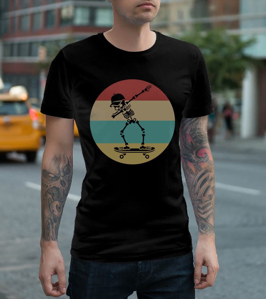 Dabbing Skeleton Skateboarder Retro Stripes Vintage Sunset T-Shirt
