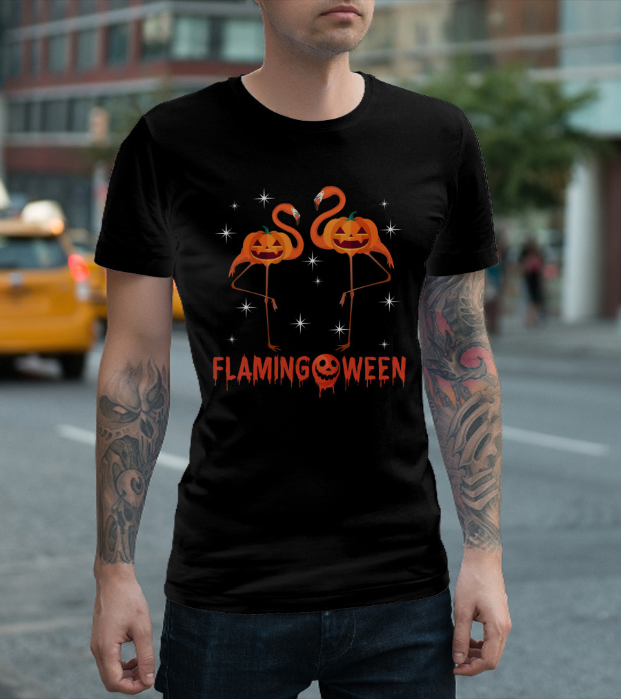Flamingoween Funny Flamingos with Pumpkin Heads and Stars T-Shirt