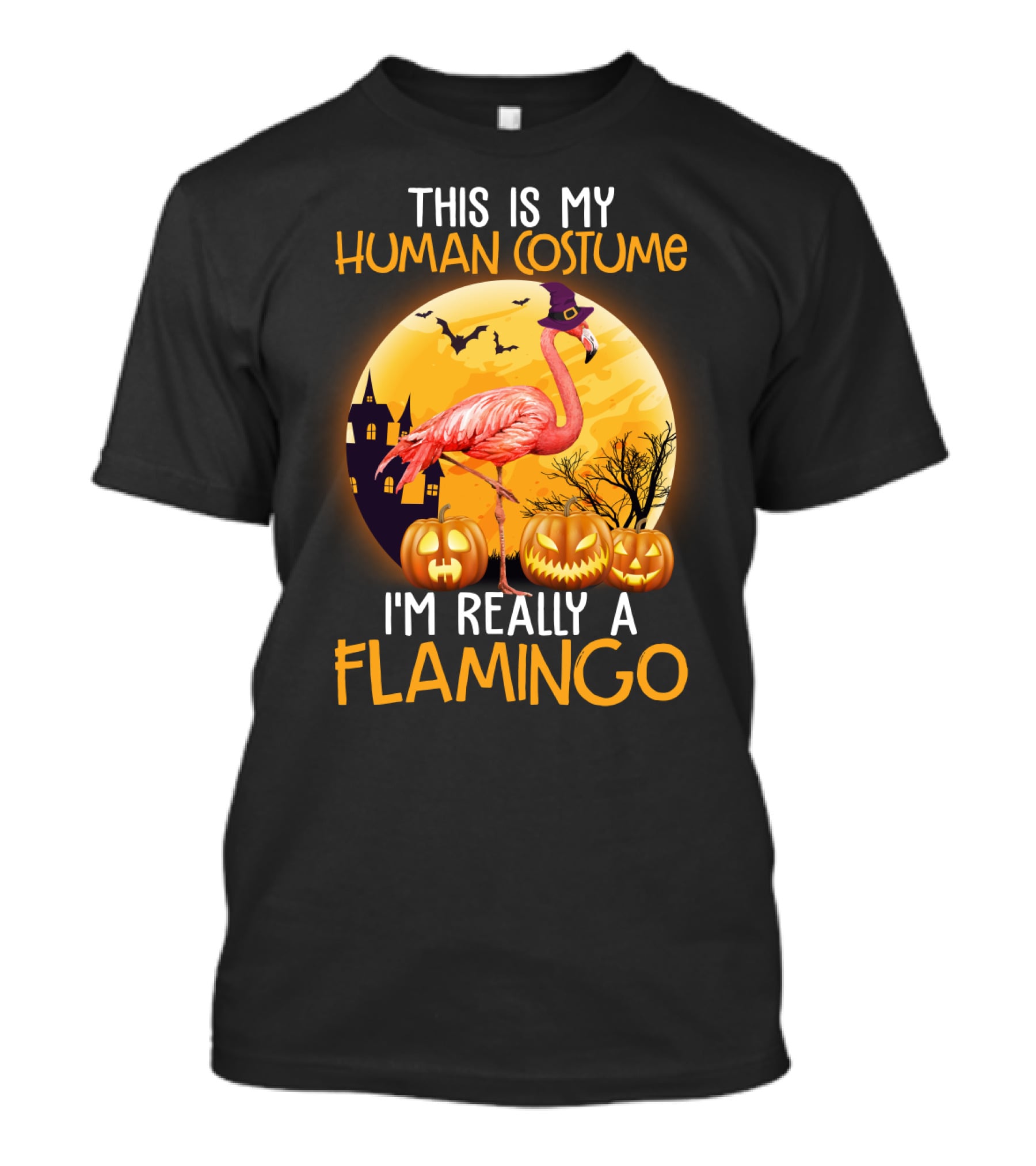 This Is My Human Costume I'm Really A Flamingo Halloween Witch With Pumpkins And Bats T-Shirt