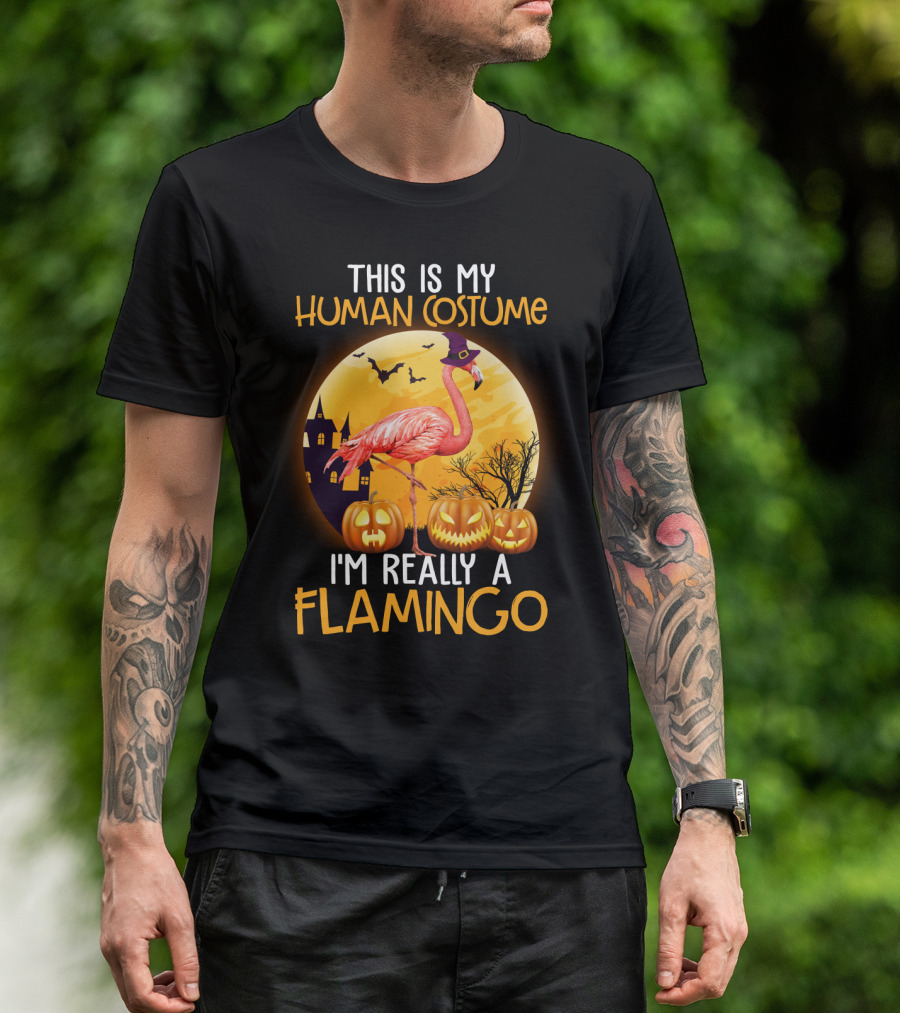 This Is My Human Costume I'm Really A Flamingo Halloween Witch With Pumpkins And Bats T-Shirt