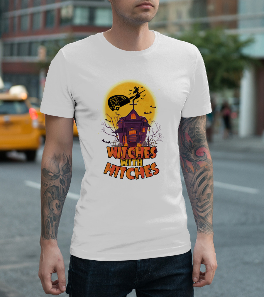 Witches With Hitches Halloween Camping Theme With Haunted House And Flying Witch T-Shirt