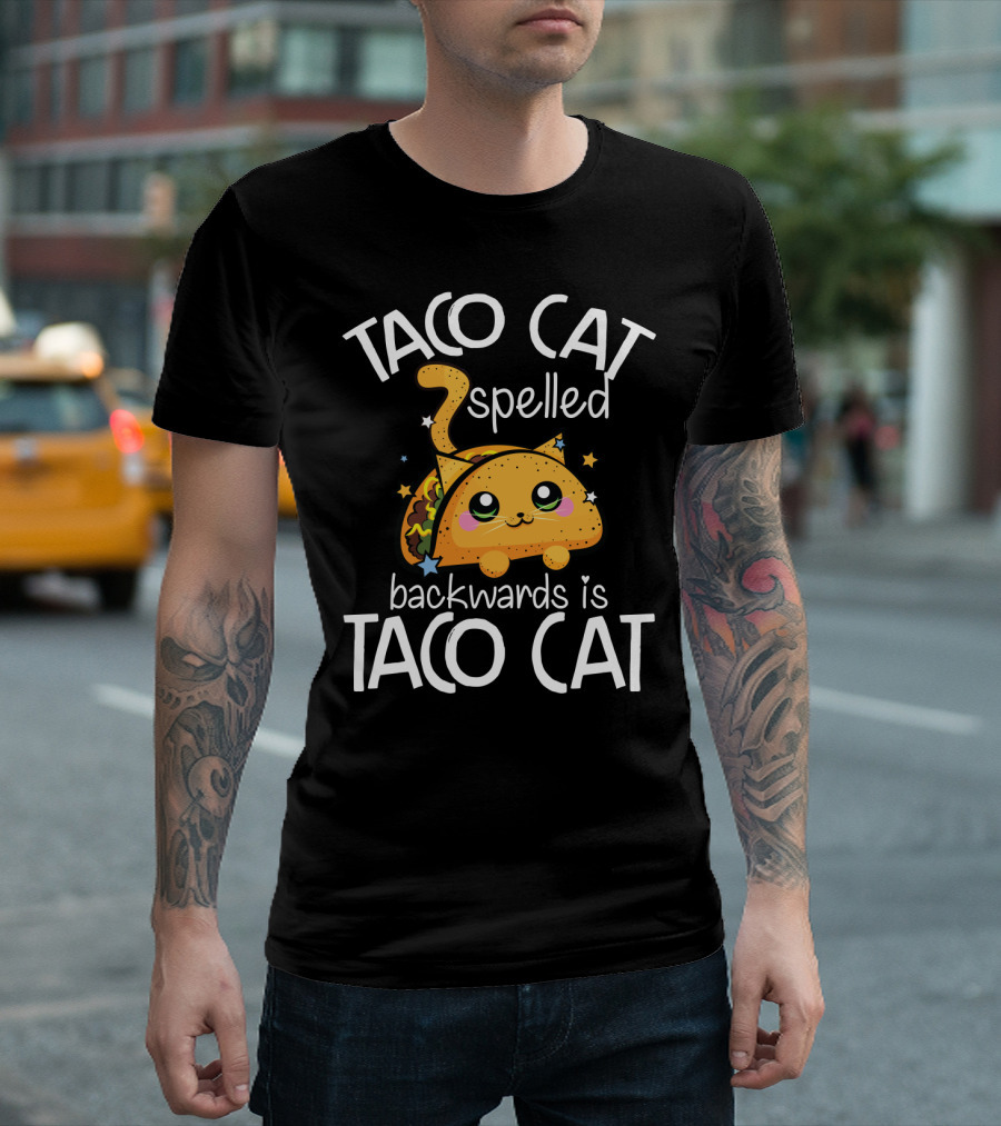 Taco Cat Spelled Backwards Is Taco Cat Cute Kawaii Design with Whimsical Stars and Playful Expression T-Shirt