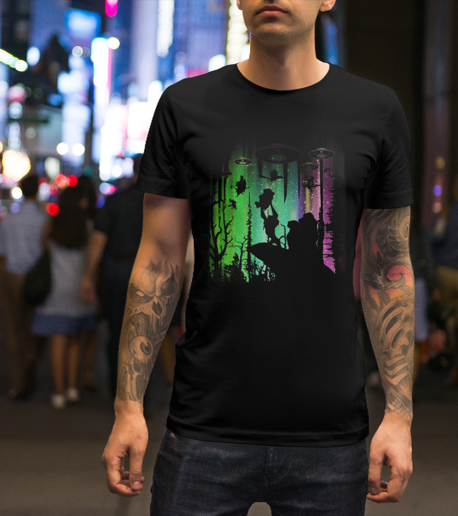 The Lion King Silhouette With UFOs And Aurora In Storm Area Scene T-Shirt