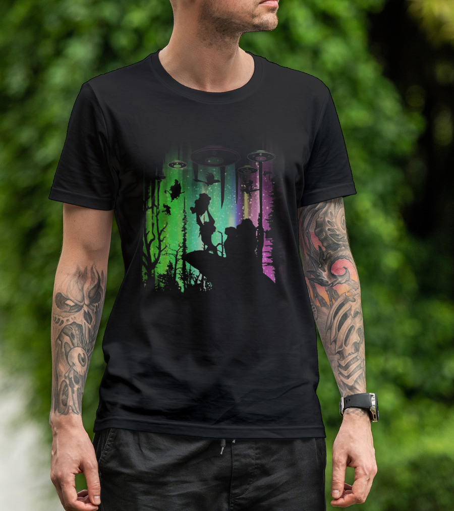 The Lion King Silhouette With UFOs And Aurora In Storm Area Scene T-Shirt
