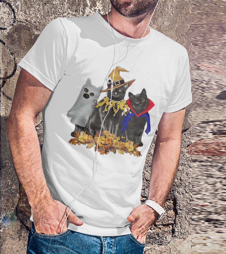 Black Cat Witch Boo Vampire Halloween With Pumpkins And Ghost Costume T-Shirt