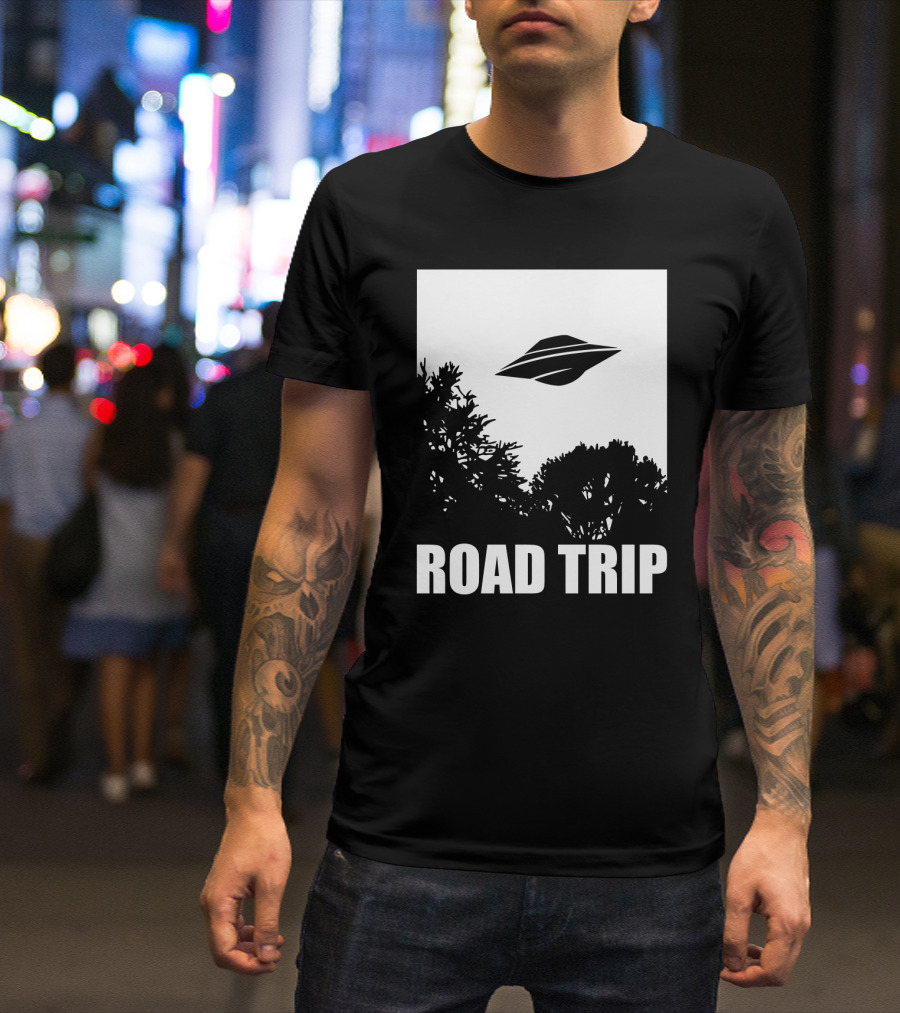 Road Trip UFO Flying Over Silhouette Trees T-Shirt