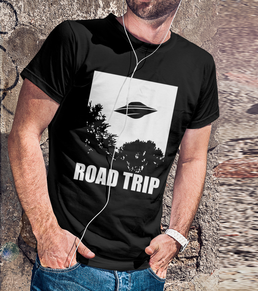 Road Trip UFO Flying Over Silhouette Trees T-Shirt