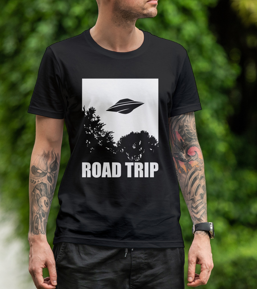 Road Trip UFO Flying Over Silhouette Trees T-Shirt