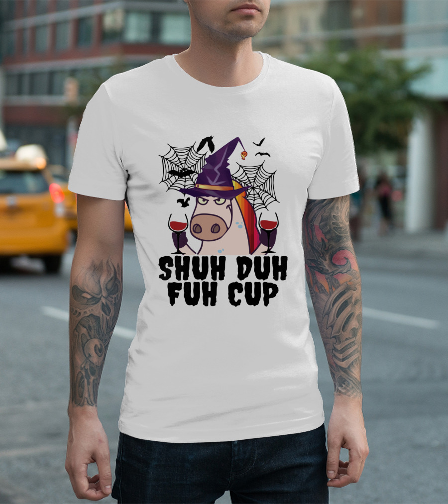Shuh Duh Fuh Cup Unicorn Witch Halloween with Wine Spider Webs and Bats T-Shirt