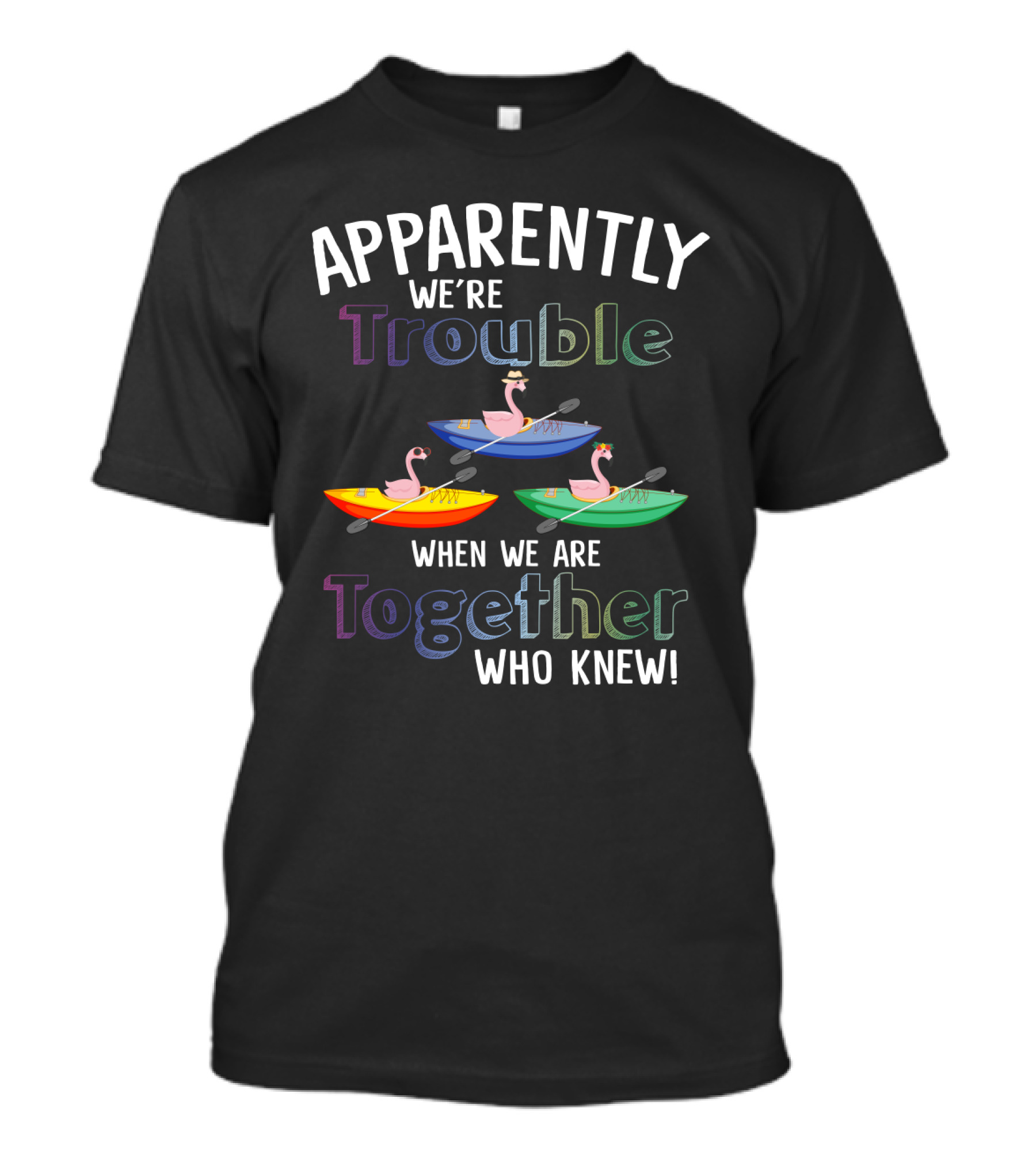 Apparently We're Trouble When Together Kayaking Flamingos Who Knew T-Shirt
