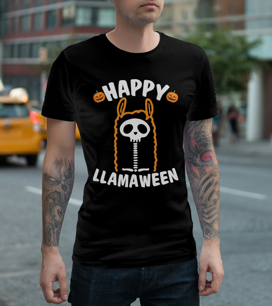 Happy Llamaween Skeleton Llama with Pumpkins and Festive Halloween T-Shirt