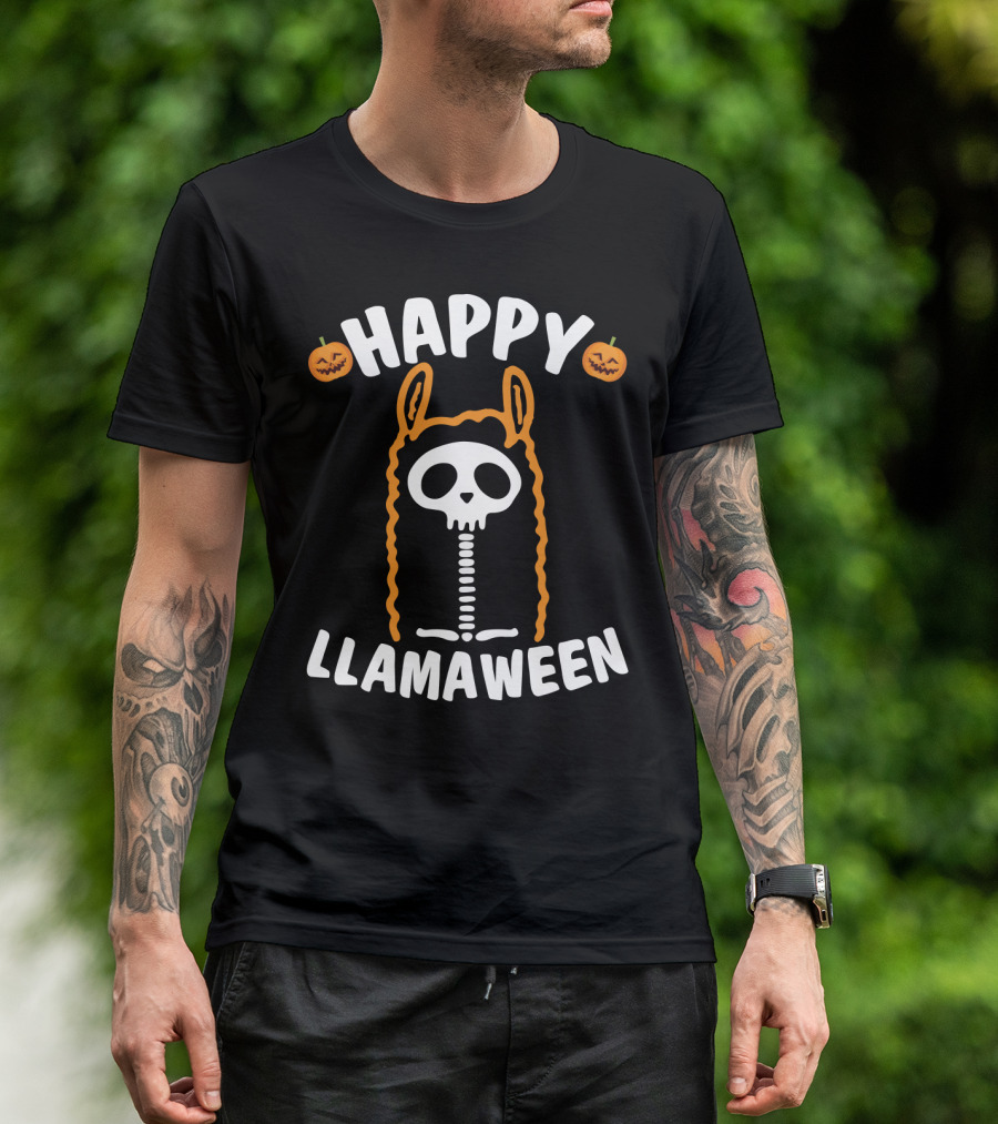 Happy Llamaween Skeleton Llama With Pumpkins And Festive Halloween T-Shirt