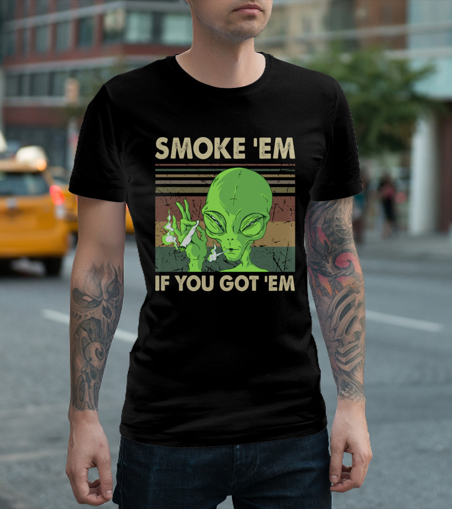 Smoke 'Em If You Got 'Em Green Alien Smoking with Retro Stripes T-Shirt