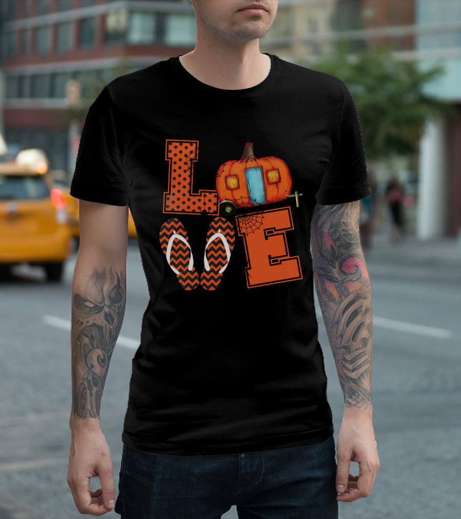 Love Halloween Camper with Pumpkin and Flip Flop T-Shirt