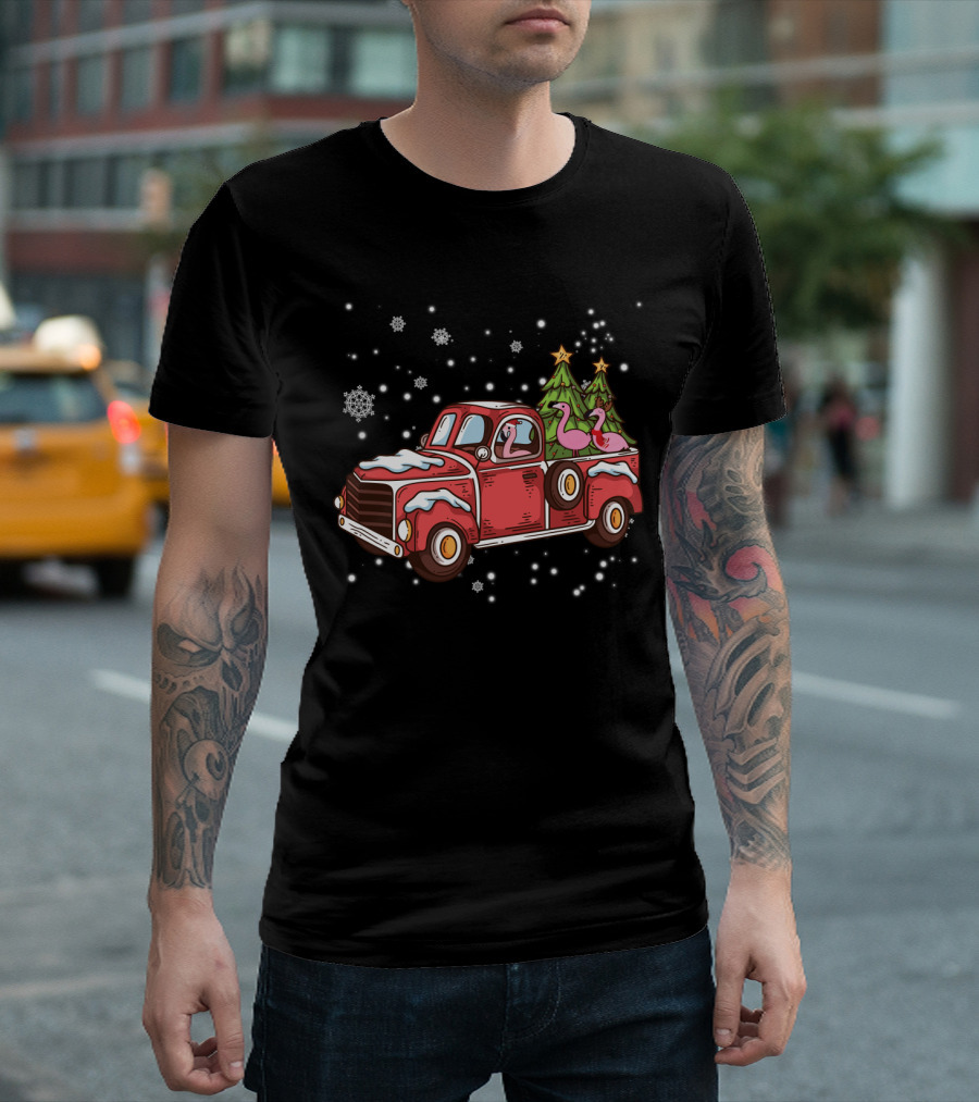 Christmas Flamingos Riding in Red Truck with Snowflakes and Christmas Trees T-Shirt