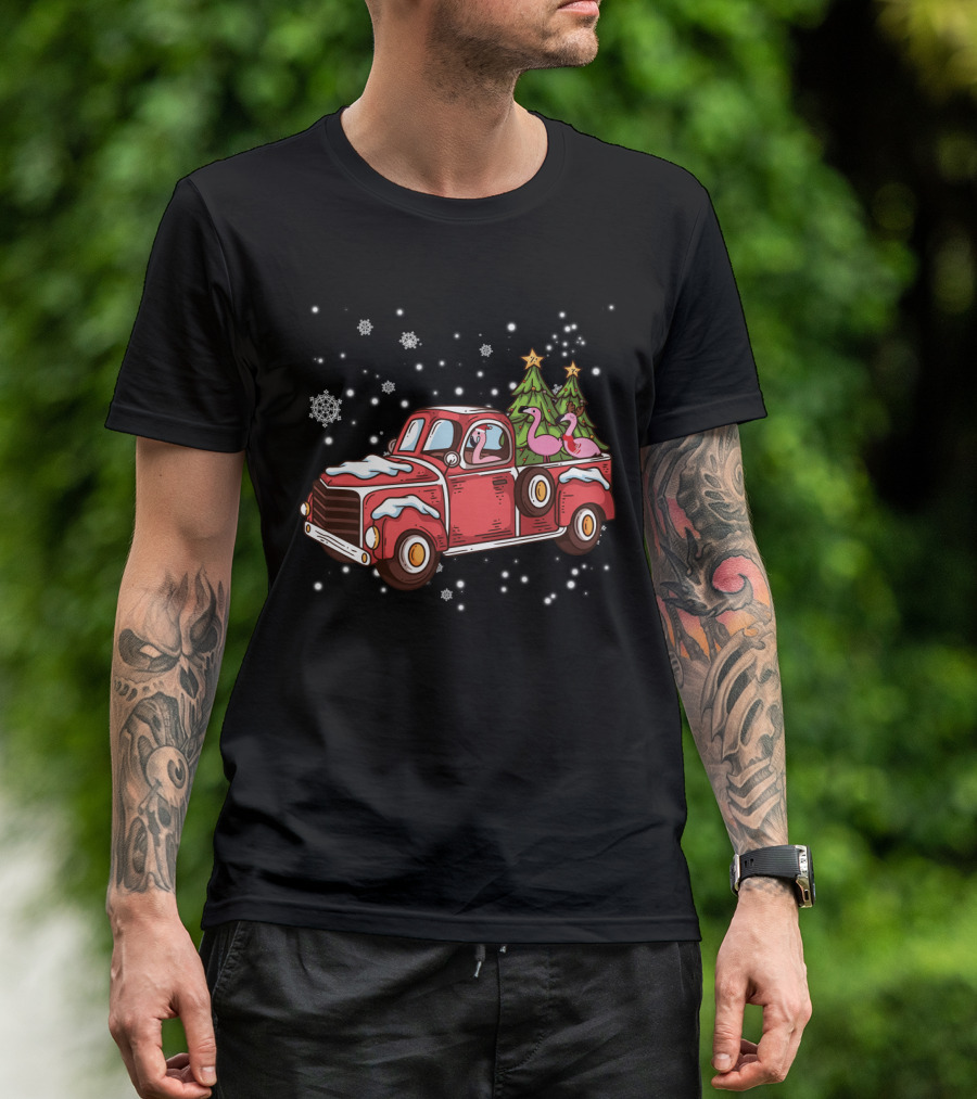 Christmas Flamingos Riding In Red Truck With Snowflakes And Christmas Trees T-Shirt
