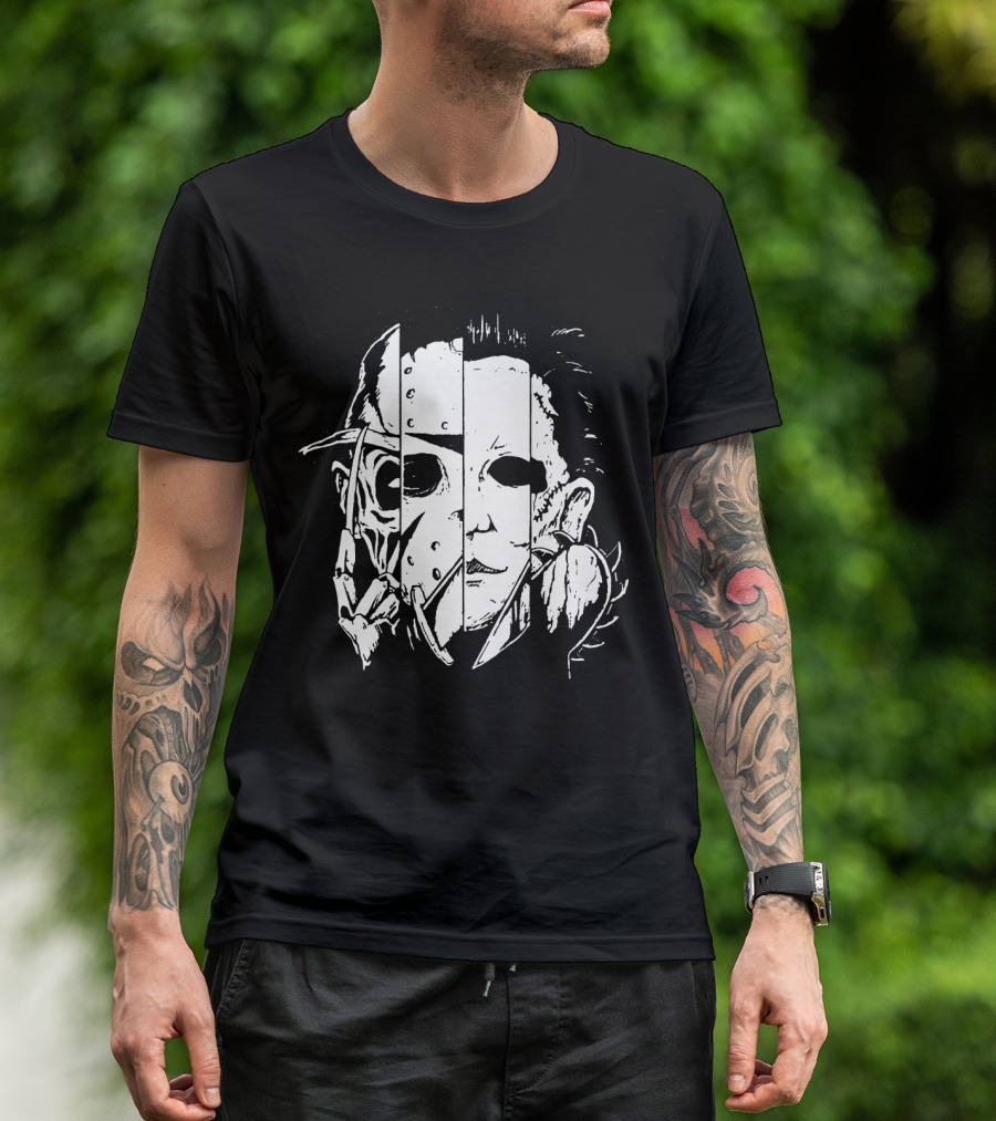 Freddy Krueger Jason Voorhees Michael Myers Thomas Iconic Horror Faces Combined T-Shirt