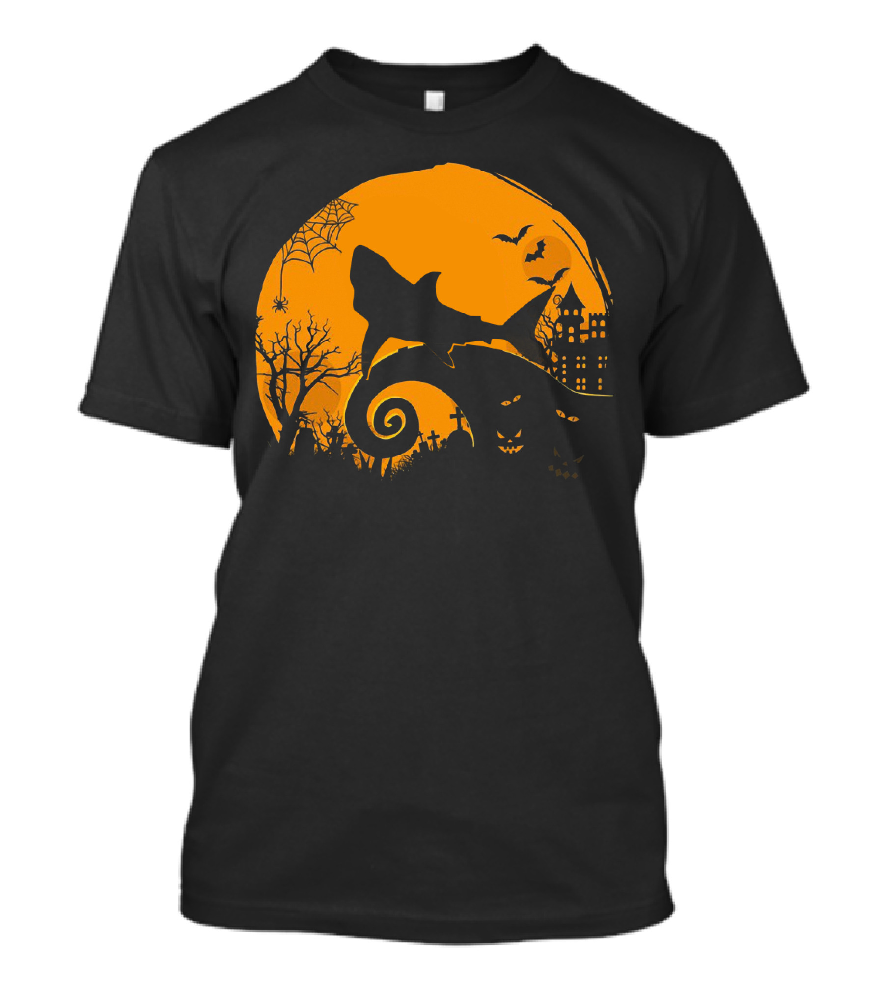 Halloween Shark King Parody In Spooky Nightmarish Setting With Haunted Graveyard Silhouette And Moonlit Spider Web T-Shirt