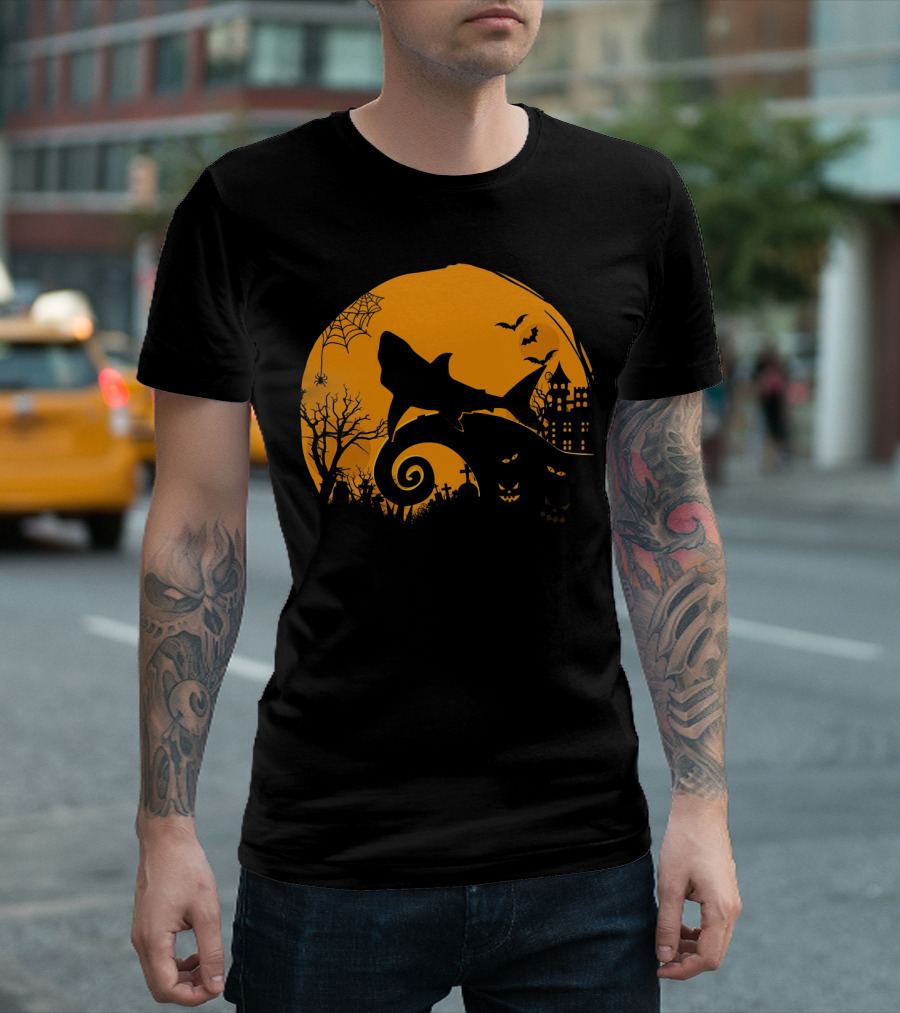 Halloween Shark King Parody in Spooky Nightmarish Setting with Haunted Graveyard Silhouette and Moonlit Spider Web T-Shirt