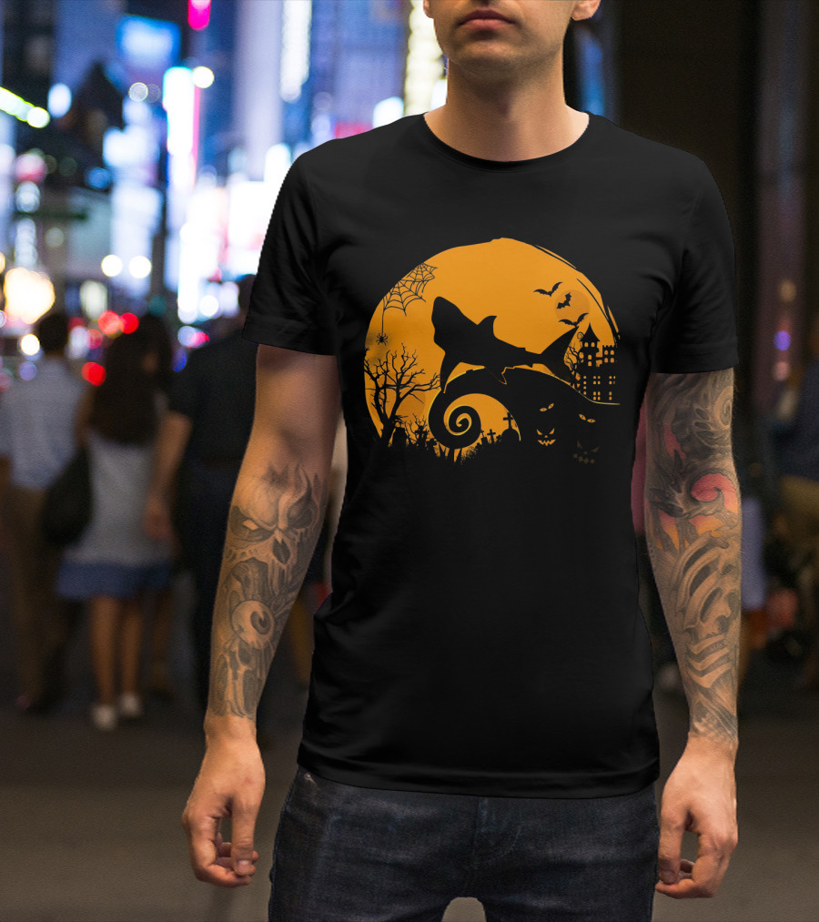Halloween Shark King Parody In Spooky Nightmarish Setting With Haunted Graveyard Silhouette And Moonlit Spider Web T-Shirt